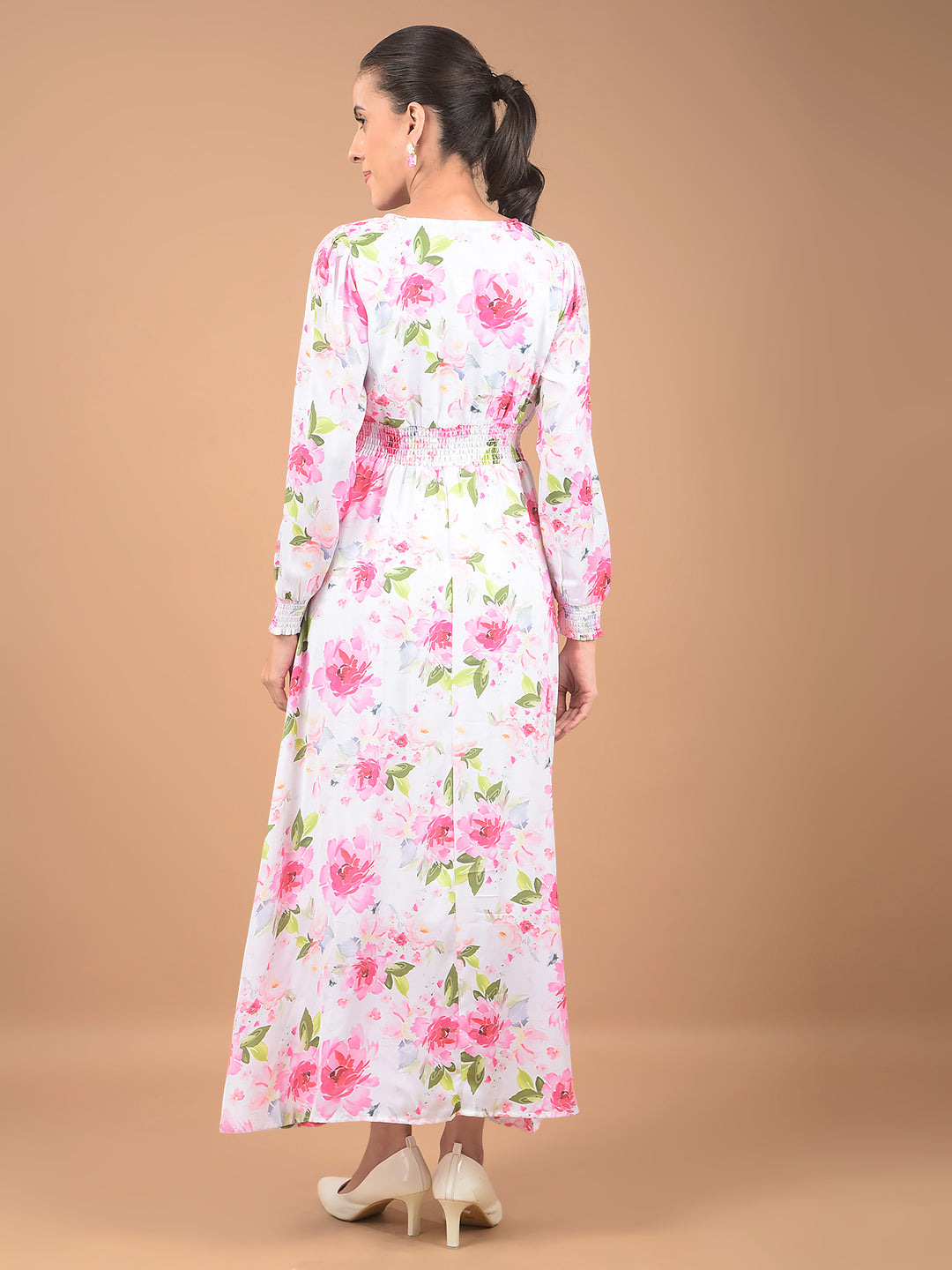 Pink Floral Print V-Neck Dress-Women Dresses-Crimsoune Club