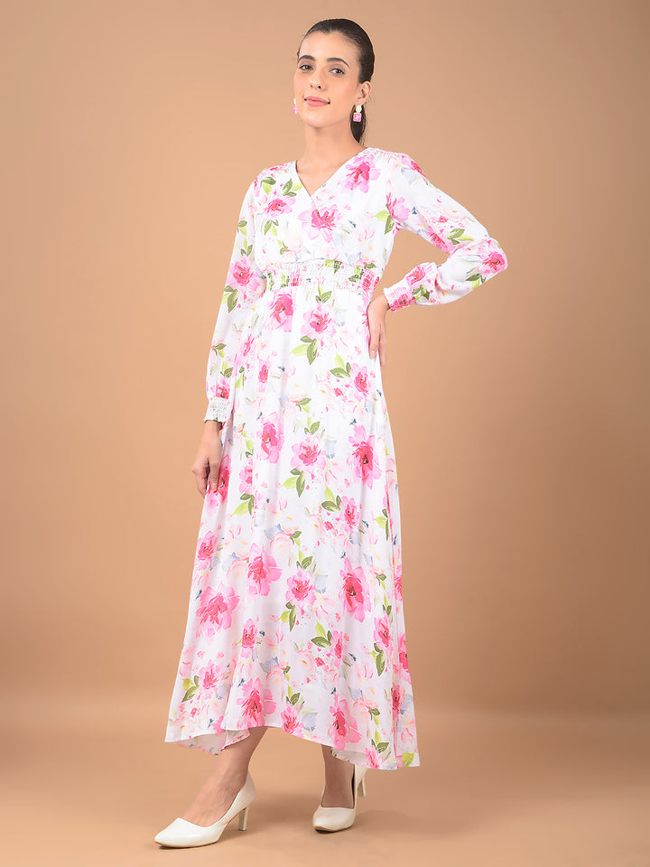 Pink Floral Print V-Neck Dress-Women Dresses-Crimsoune Club