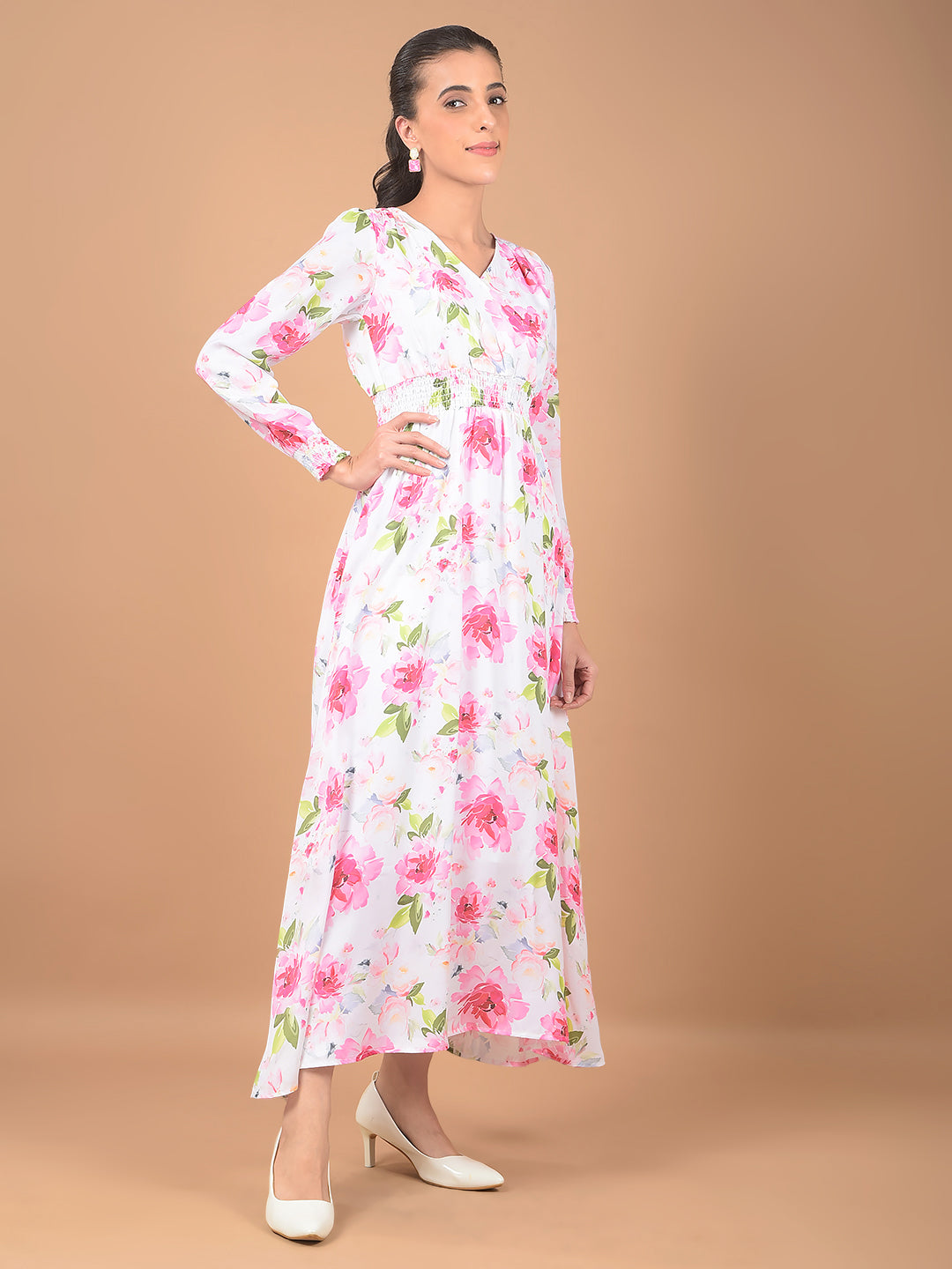 Pink Floral Print V-Neck Dress-Women Dresses-Crimsoune Club