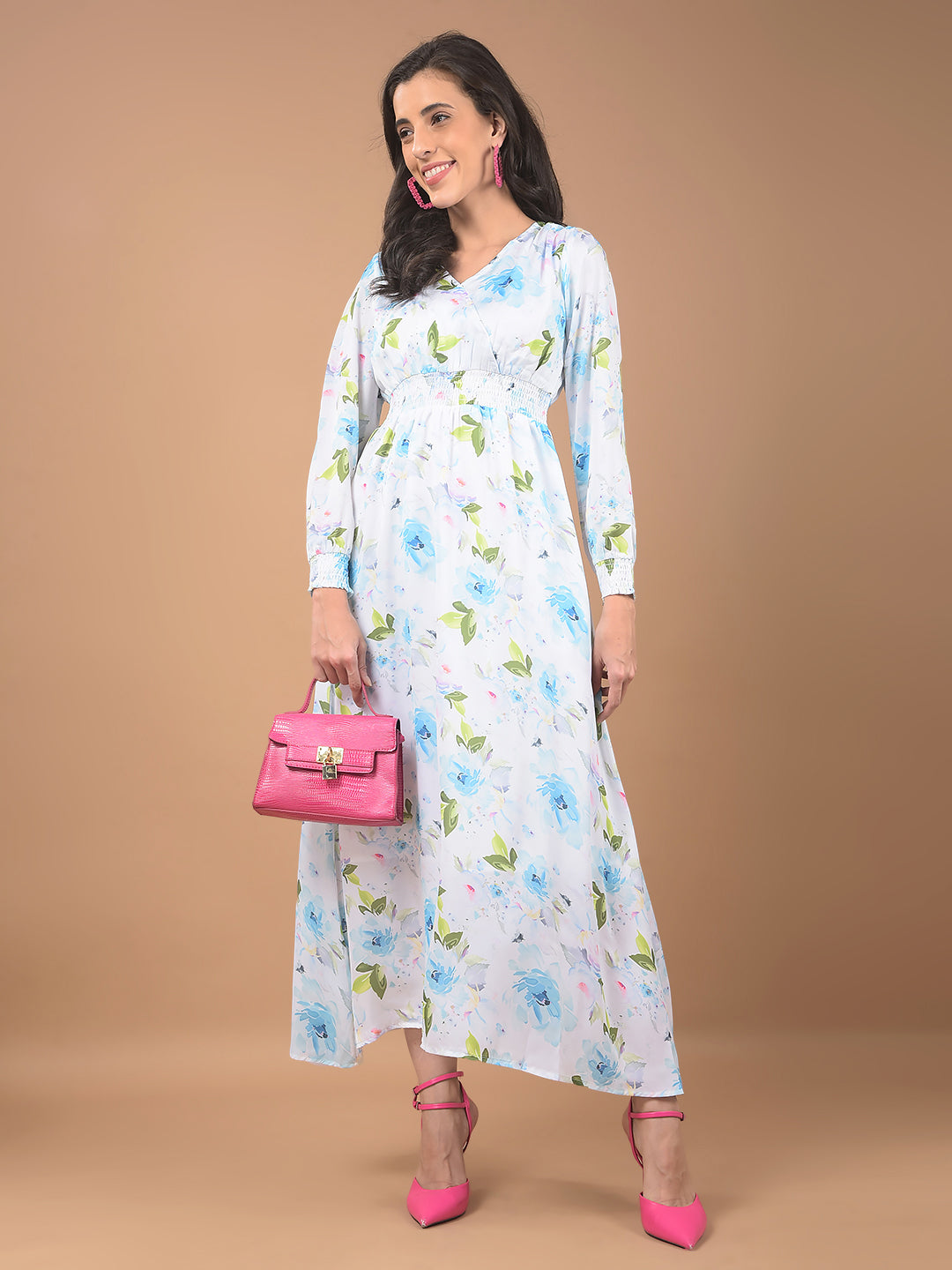 Blue Floral Print V-Neck Dress-Women Dresses-Crimsoune Club