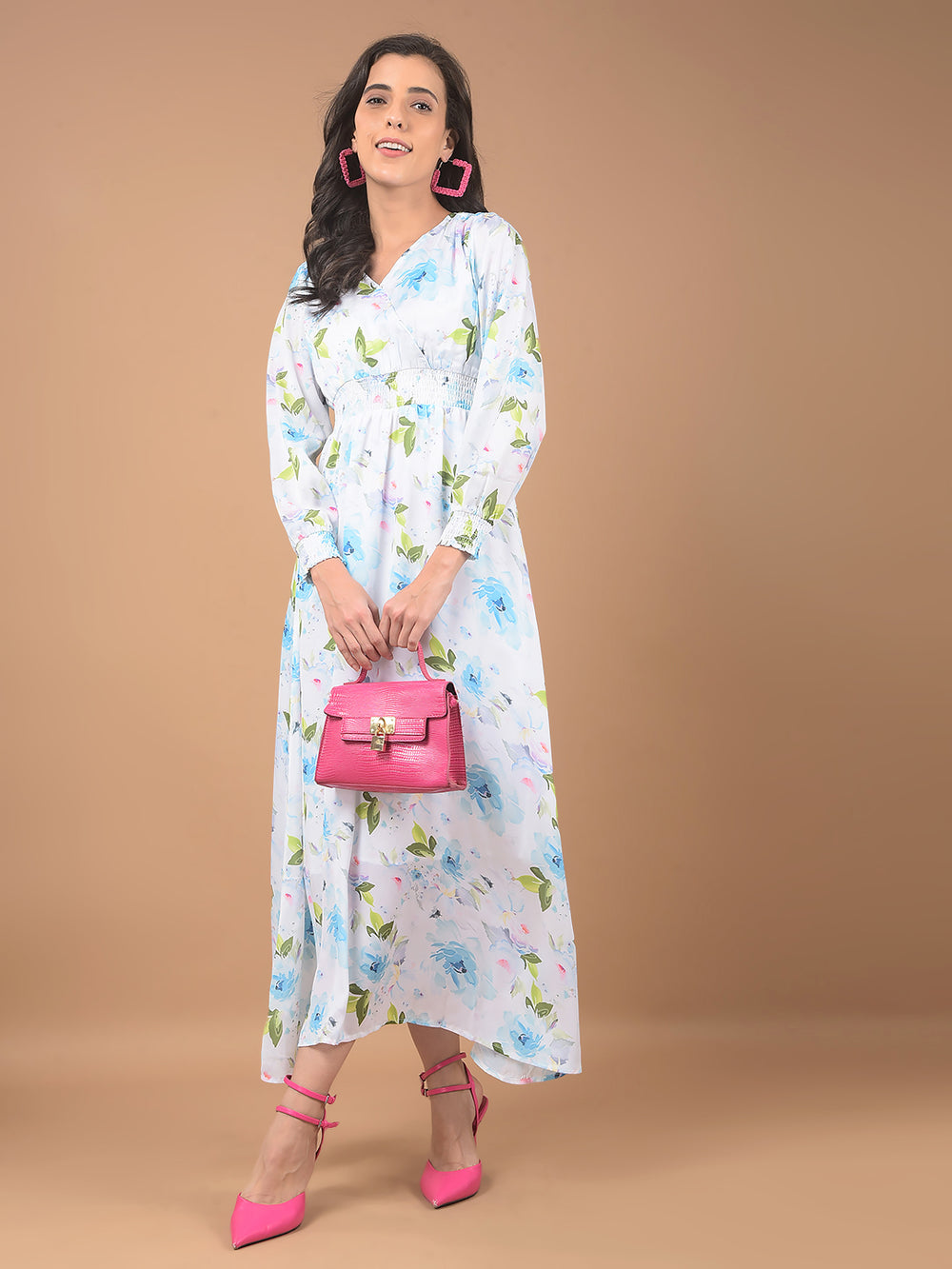 Blue Floral Print V-Neck Dress-Women Dresses-Crimsoune Club
