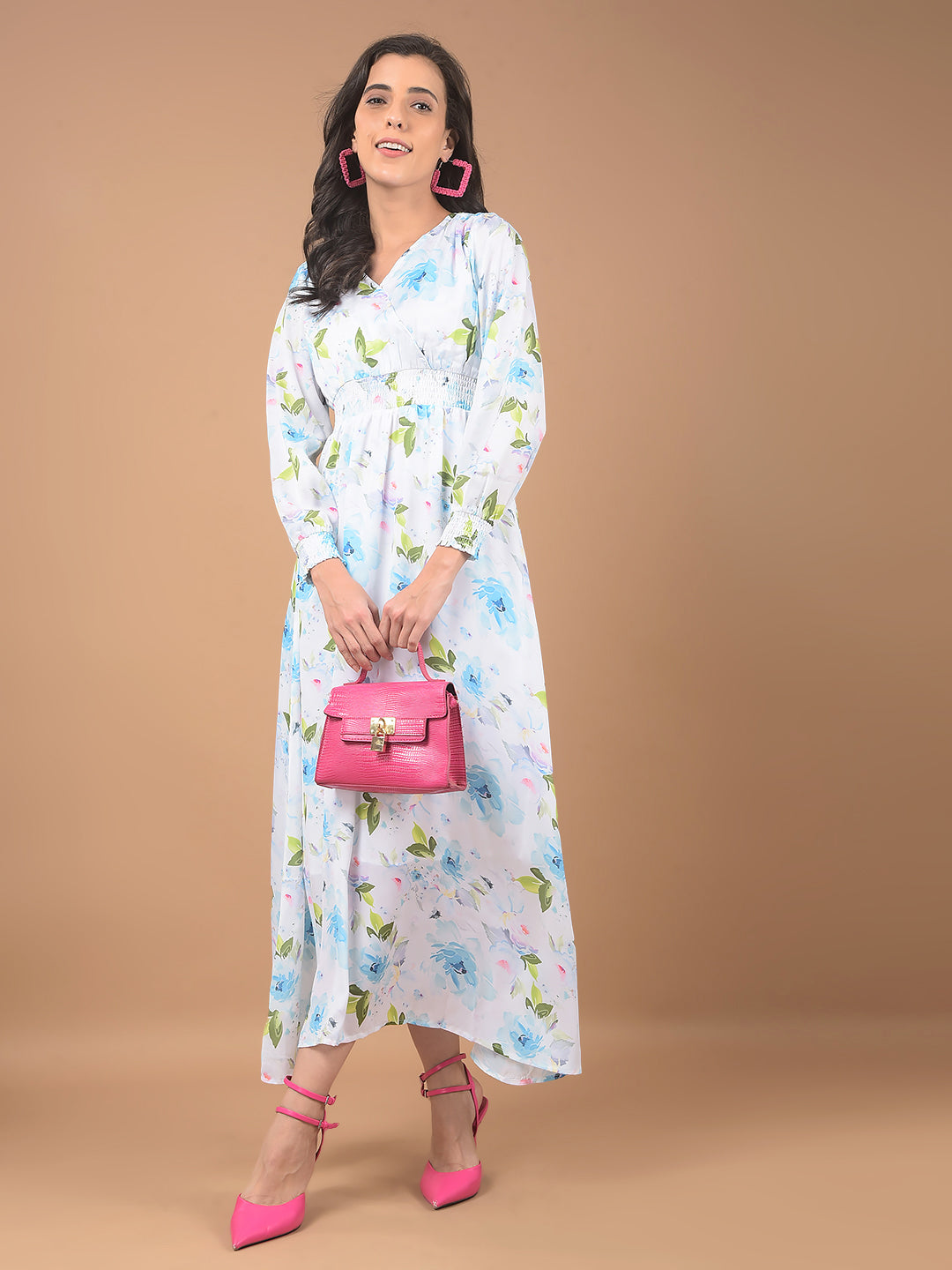 Blue Floral Print V-Neck Dress-Women Dresses-Crimsoune Club