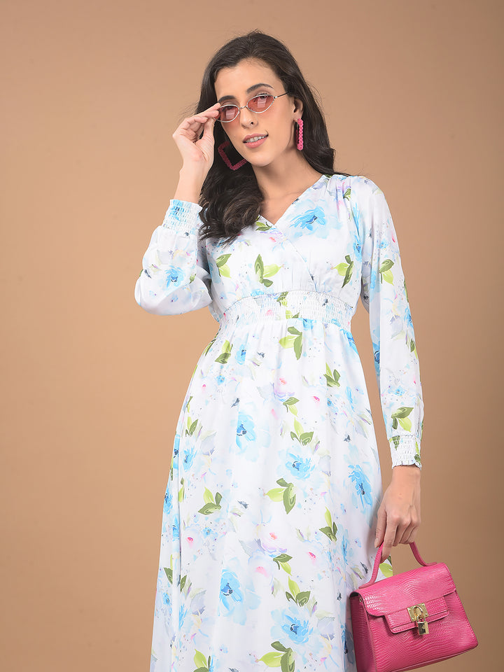 Blue Floral Print V-Neck Dress-Women Dresses-Crimsoune Club