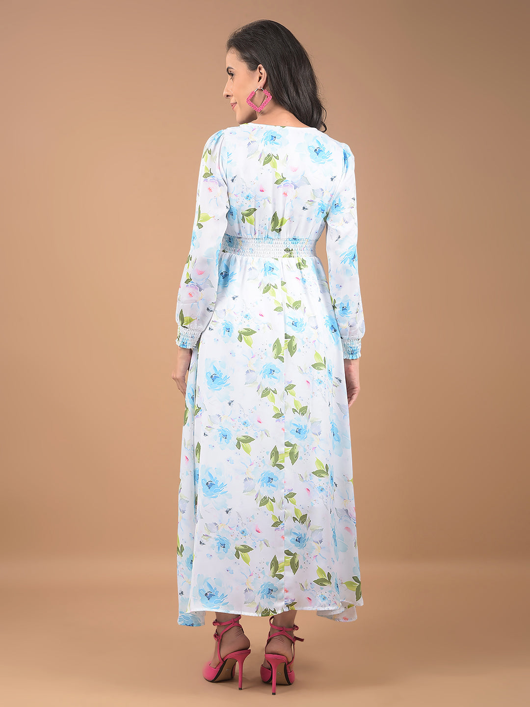 Blue Floral Print V-Neck Dress-Women Dresses-Crimsoune Club
