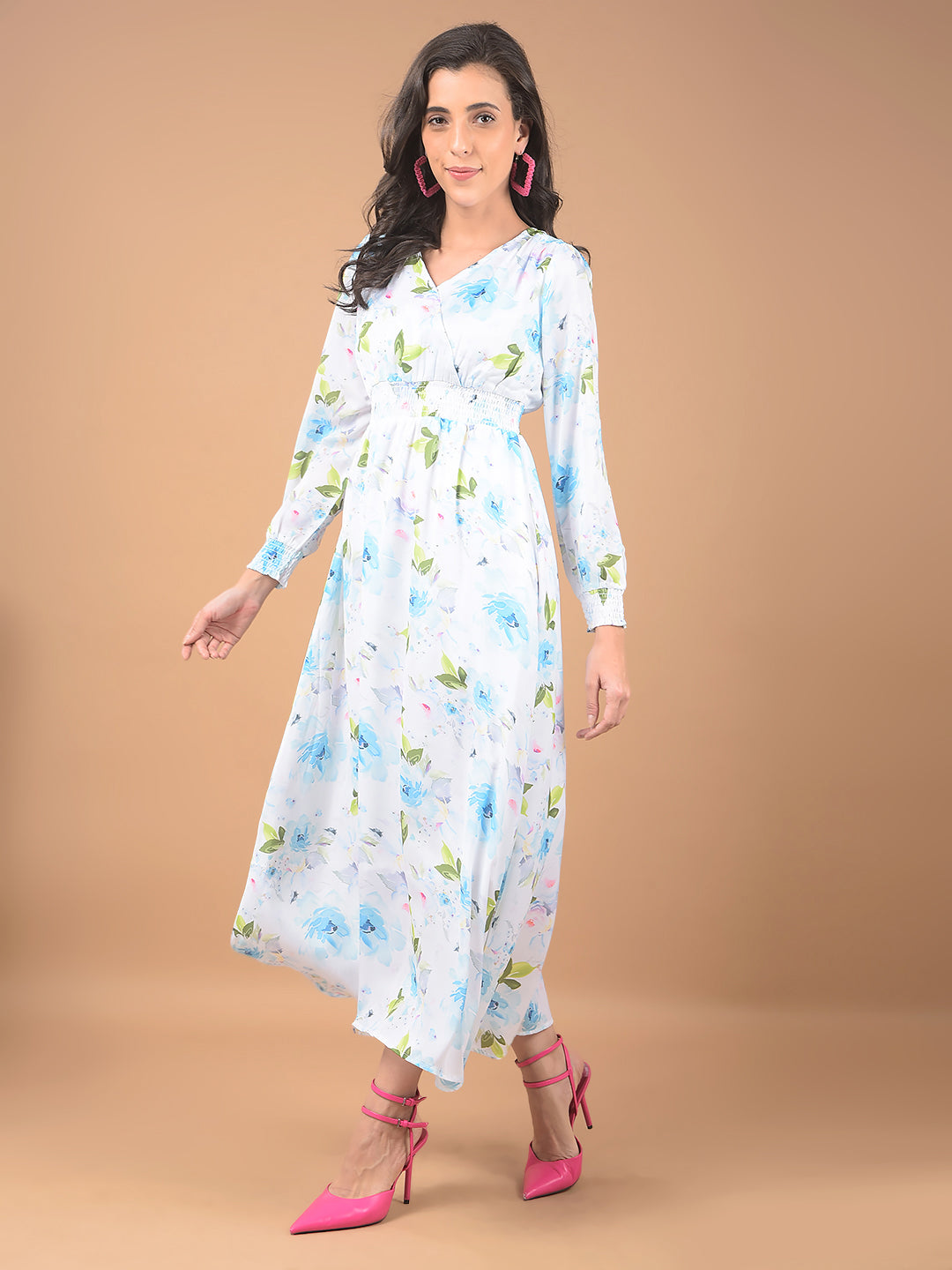 Blue Floral Print V-Neck Dress-Women Dresses-Crimsoune Club