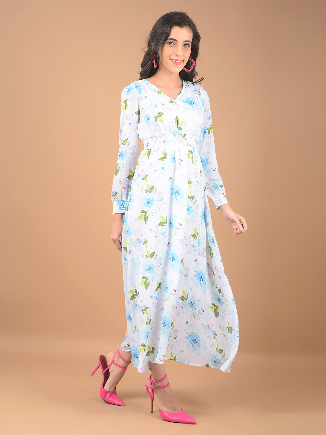 Blue Floral Print V-Neck Dress-Women Dresses-Crimsoune Club