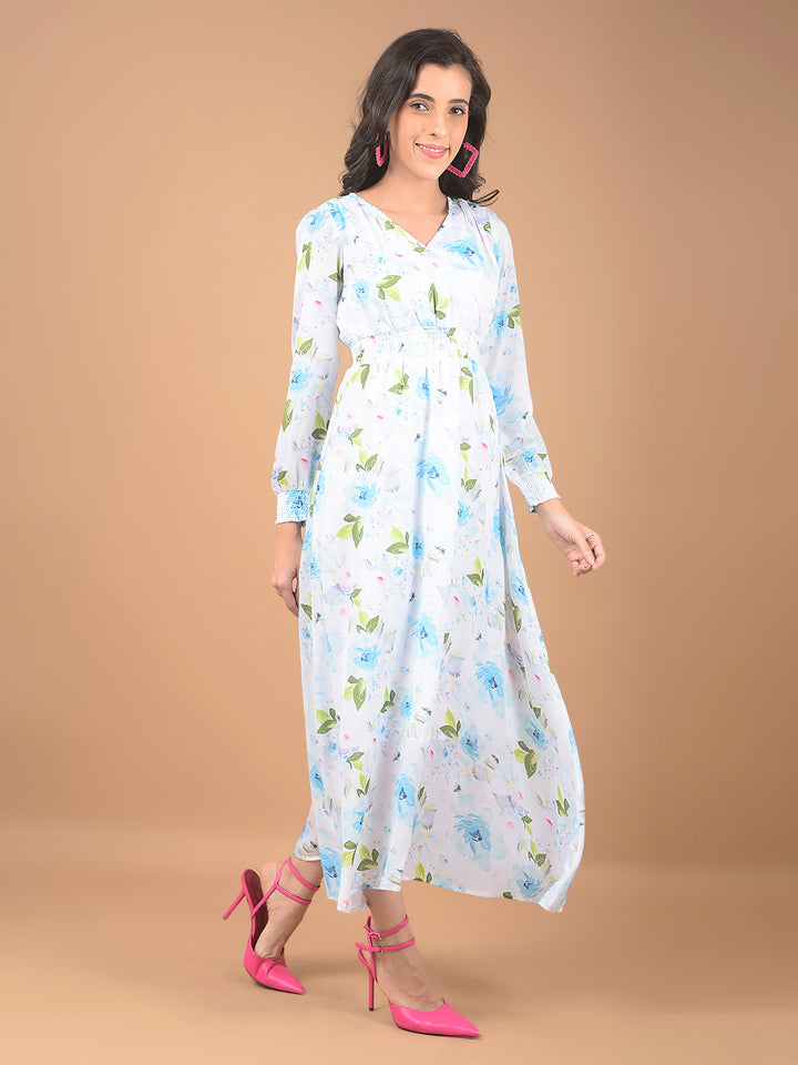 Blue Floral Print V-Neck Dress-Women Dresses-Crimsoune Club