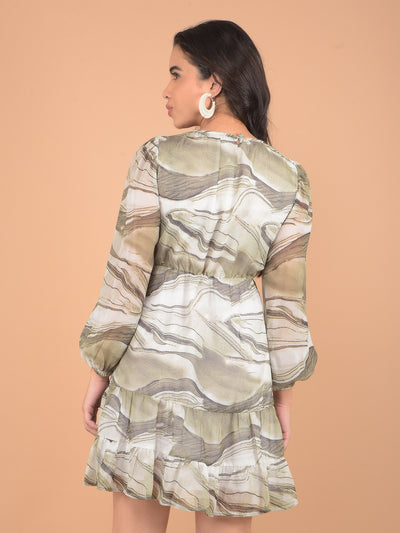Olive Abstract Print Mini A-Line Dress-Women Dresses-Crimsoune Club