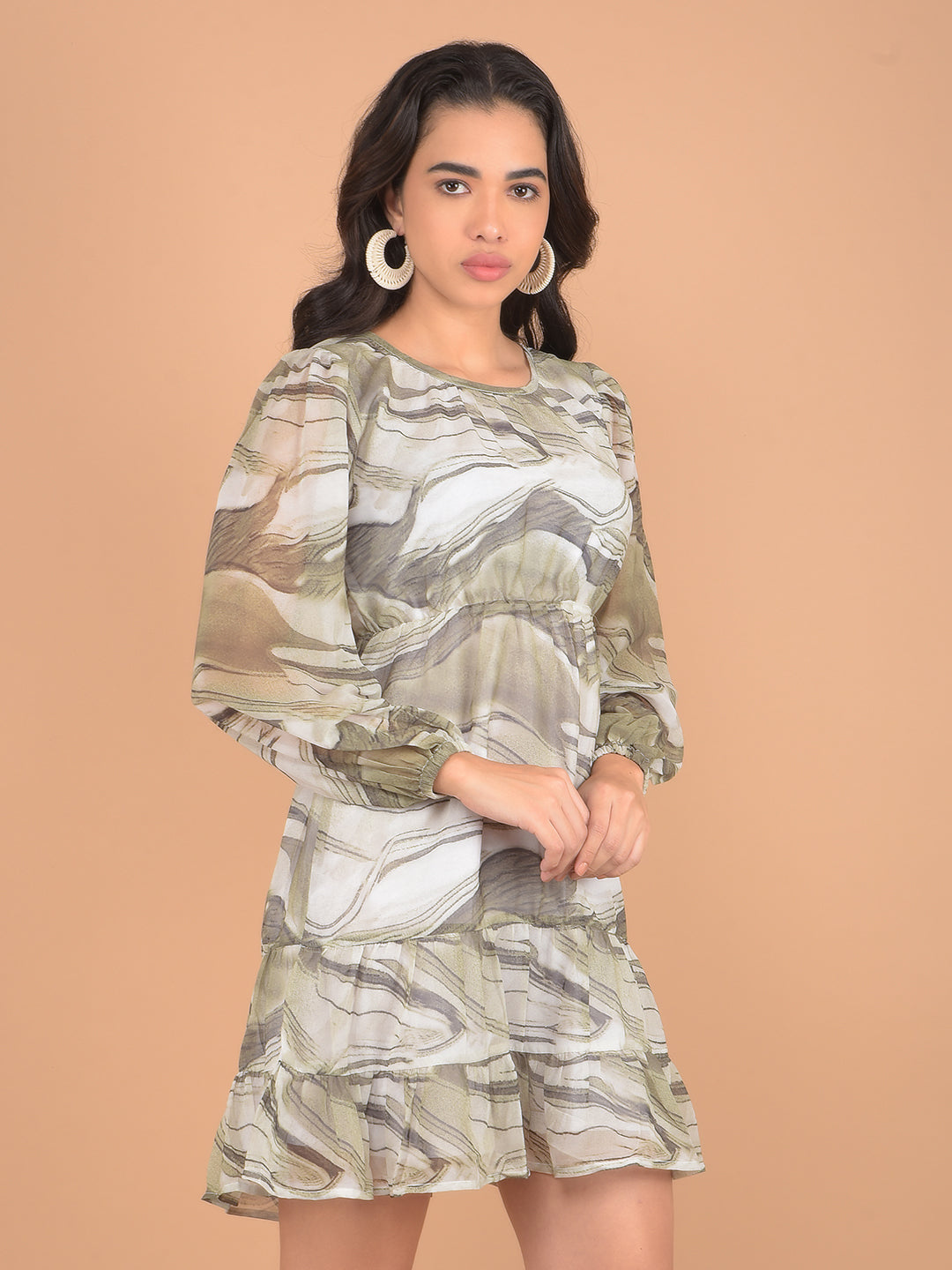 Olive Abstract Print Mini A-Line Dress-Women Dresses-Crimsoune Club