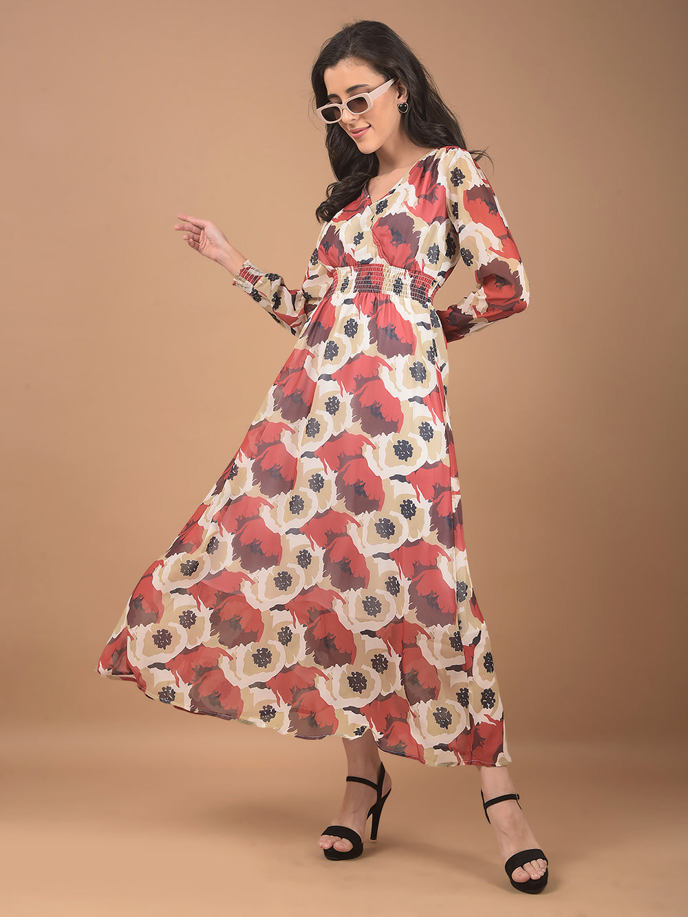 Red Floral Print V-Neck Dress-Women Dresses-Crimsoune Club