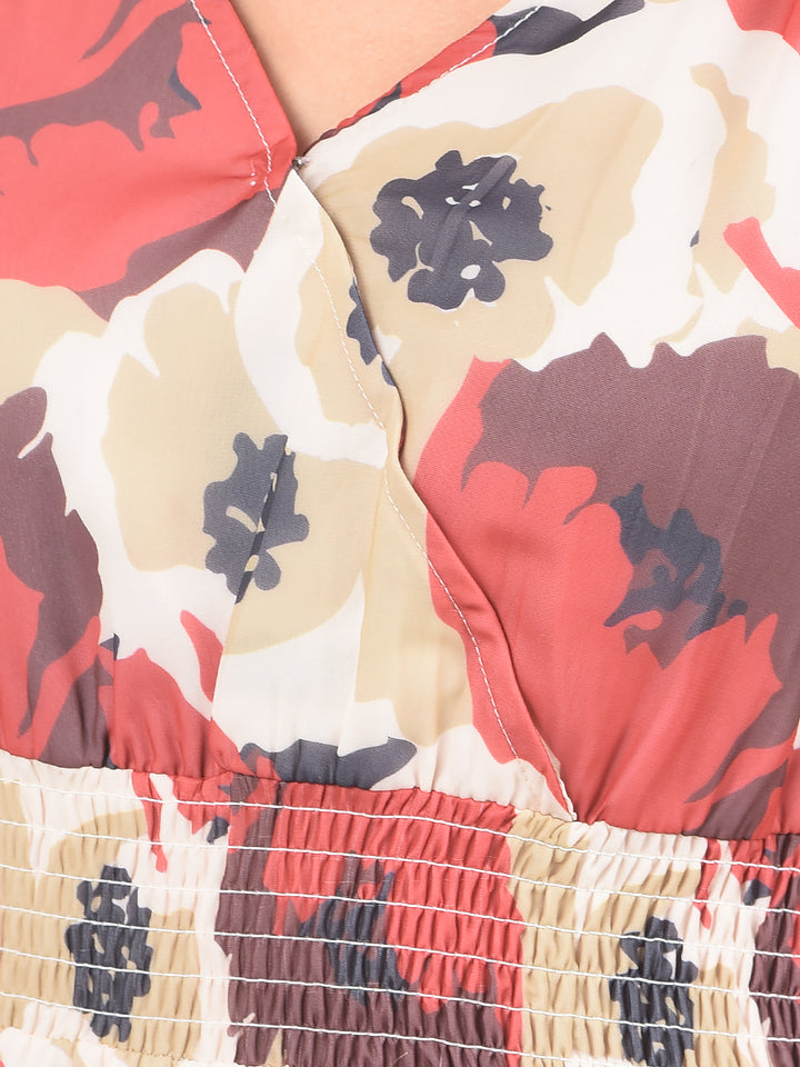 Red Floral Print V-Neck Dress-Women Dresses-Crimsoune Club