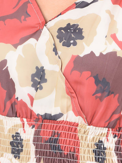 Red Floral Print V-Neck Dress-Women Dresses-Crimsoune Club