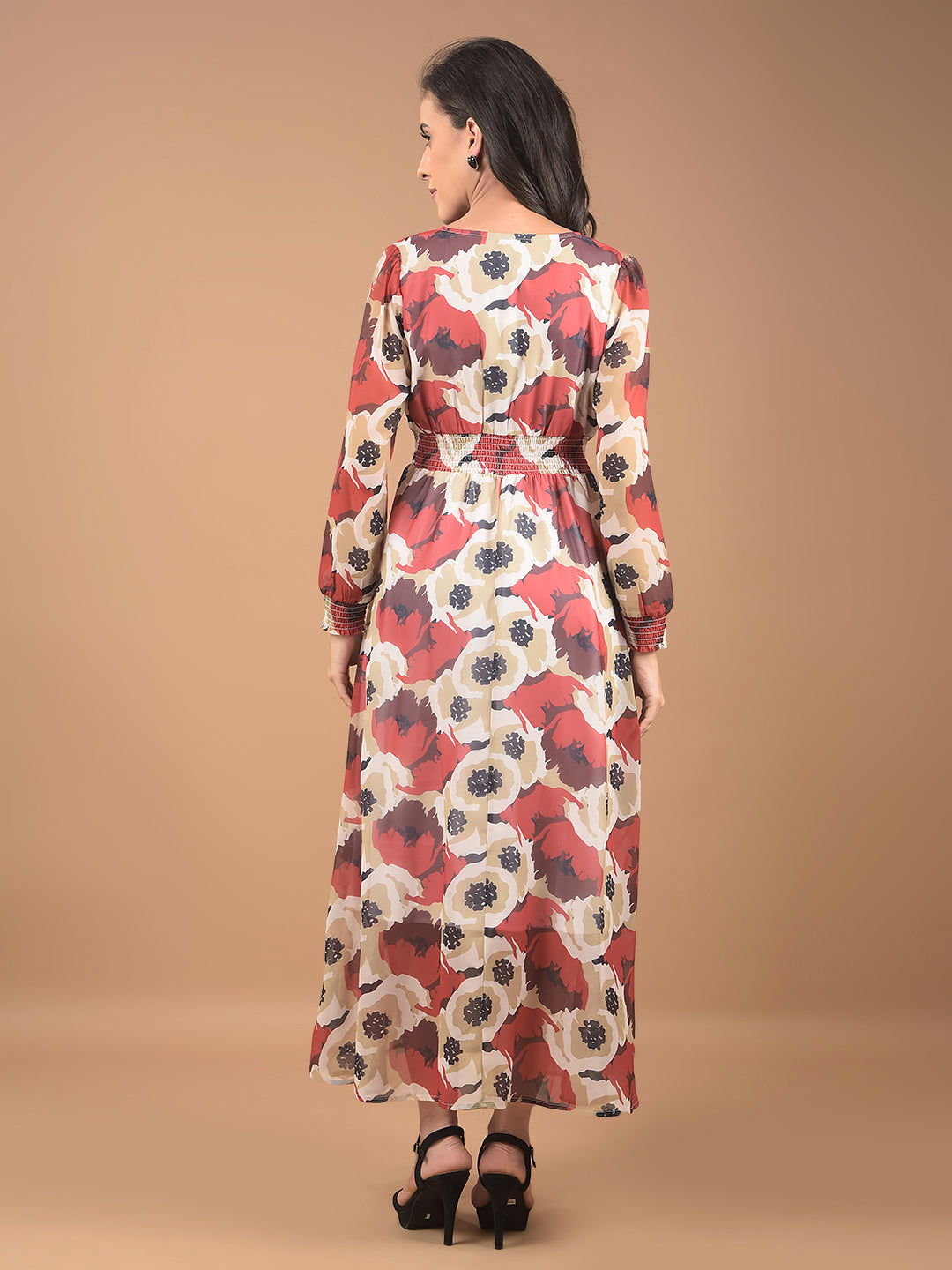 Red Floral Print V-Neck Dress-Women Dresses-Crimsoune Club