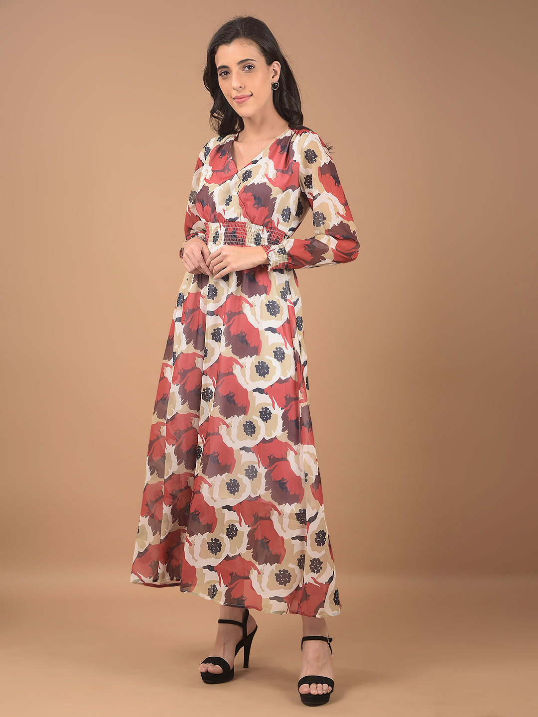 Red Floral Print V-Neck Dress-Women Dresses-Crimsoune Club