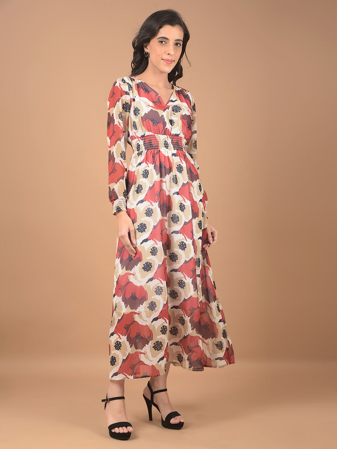 Red Floral Print V-Neck Dress-Women Dresses-Crimsoune Club