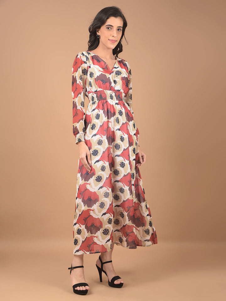 Red Floral Print V-Neck Dress-Women Dresses-Crimsoune Club