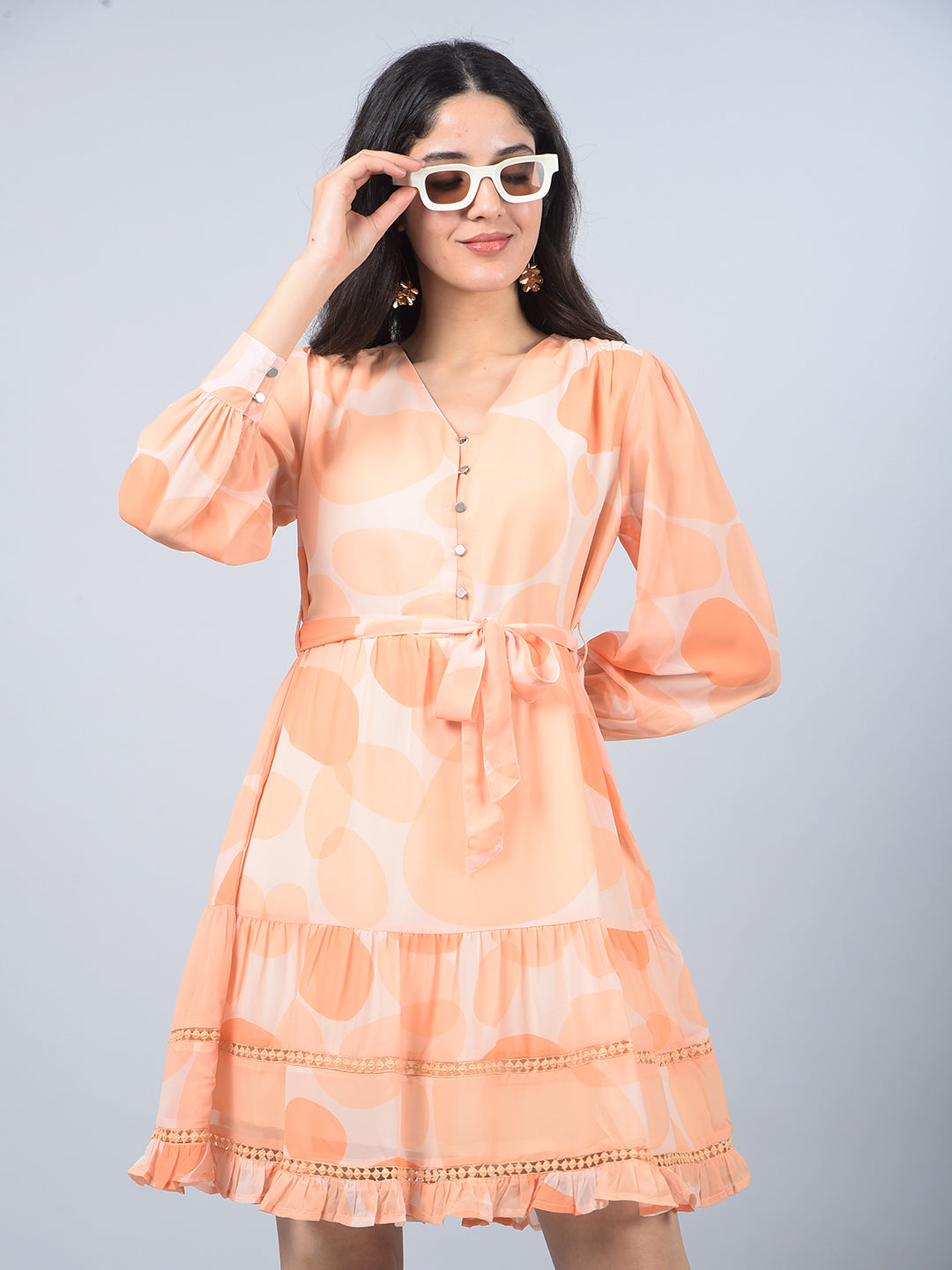 Orange Printed V-Neck Mini Dress with Belt-Women Dresses-Crimsoune Club