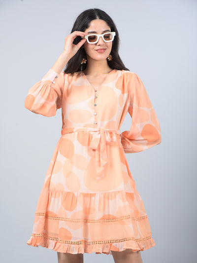 Orange Printed V-Neck Mini Dress with Belt-Women Dresses-Crimsoune Club