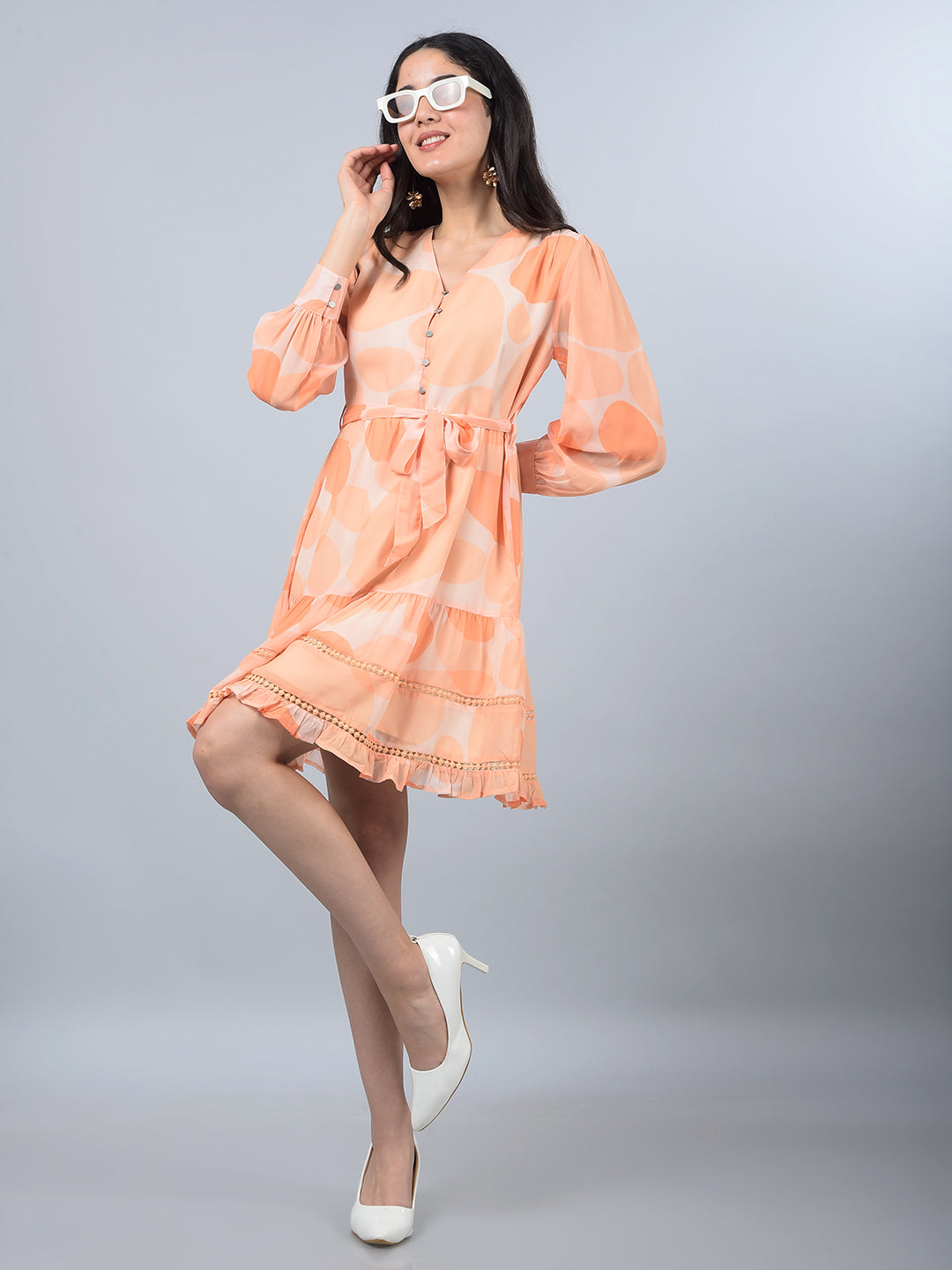 Orange Printed V-Neck Mini Dress with Belt-Women Dresses-Crimsoune Club
