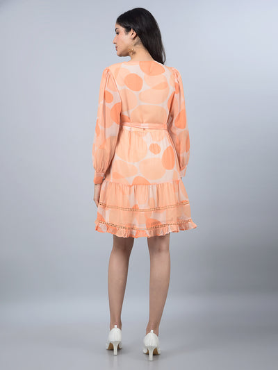 Orange Printed V-Neck Mini Dress with Belt-Women Dresses-Crimsoune Club
