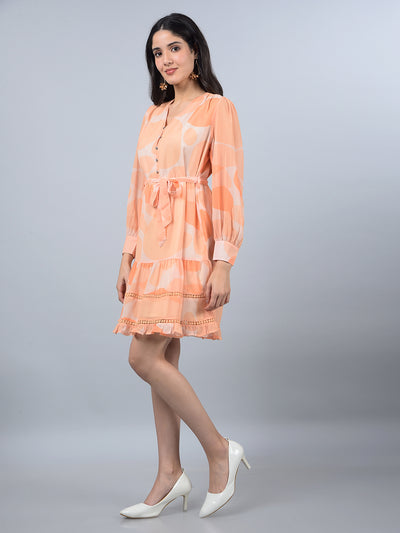 Orange Printed V-Neck Mini Dress with Belt-Women Dresses-Crimsoune Club