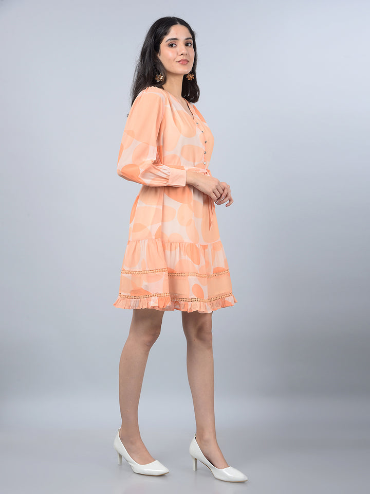 Orange Printed V-Neck Mini Dress with Belt-Women Dresses-Crimsoune Club
