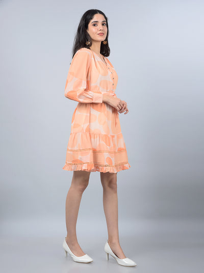 Orange Printed V-Neck Mini Dress with Belt-Women Dresses-Crimsoune Club