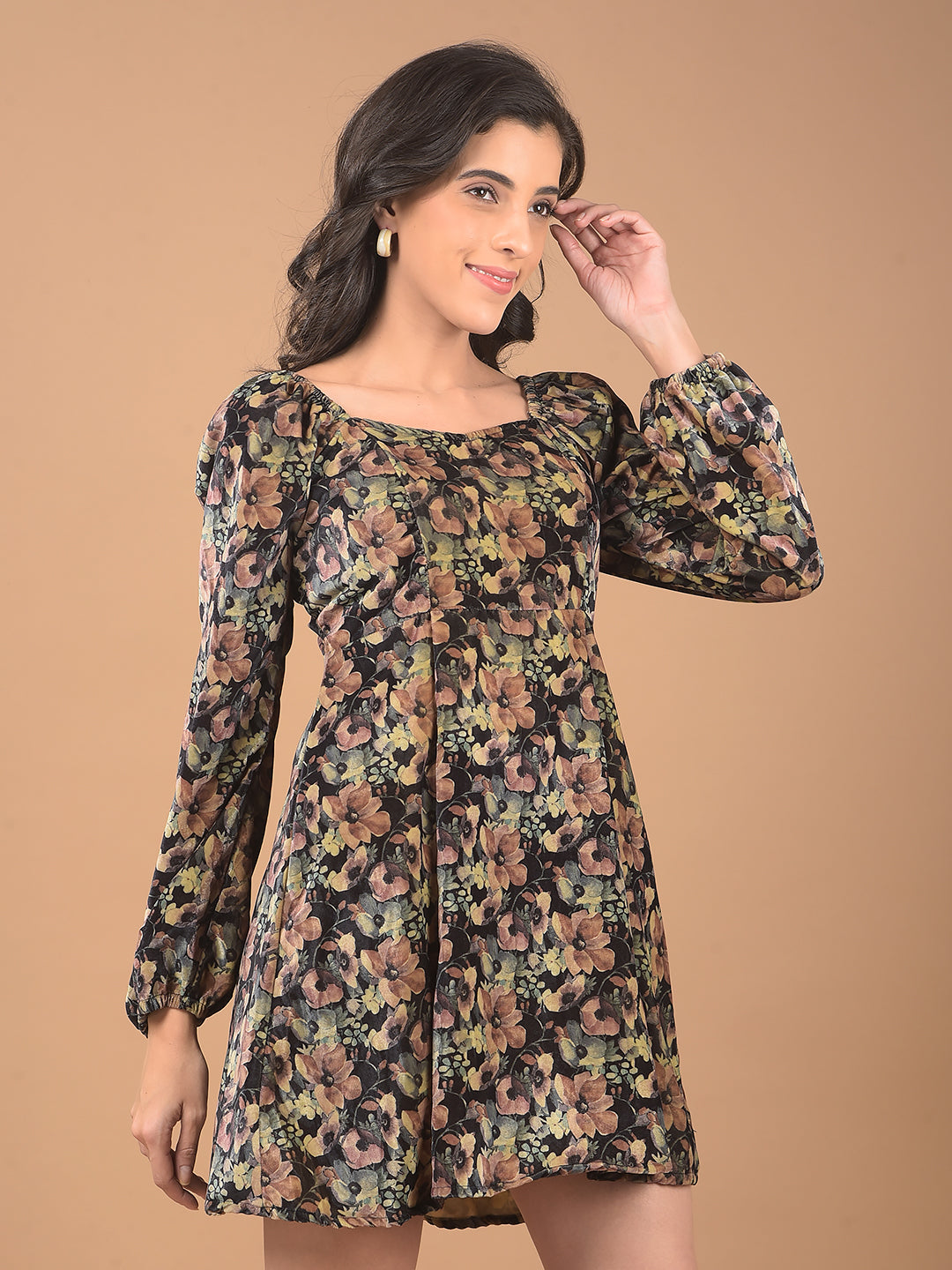 Multi-Color Floral Print Square Neck Mini Dress-Women Dresses-Crimsoune Club