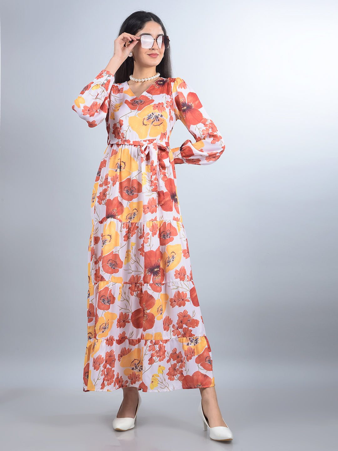 Orange Floral Print V-Neck A-Line Dress with Belt-Women Dresses-Crimsoune Club