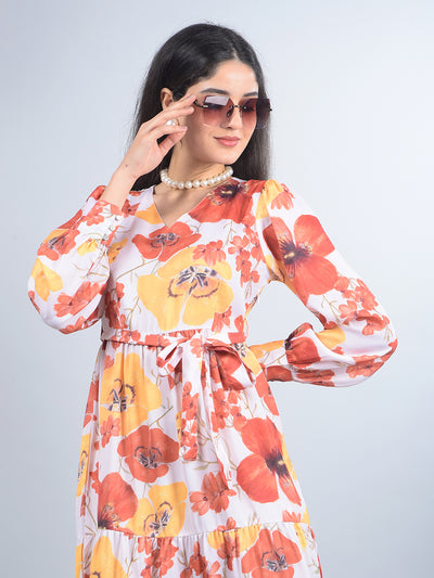 Orange Floral Print V-Neck A-Line Dress with Belt-Women Dresses-Crimsoune Club