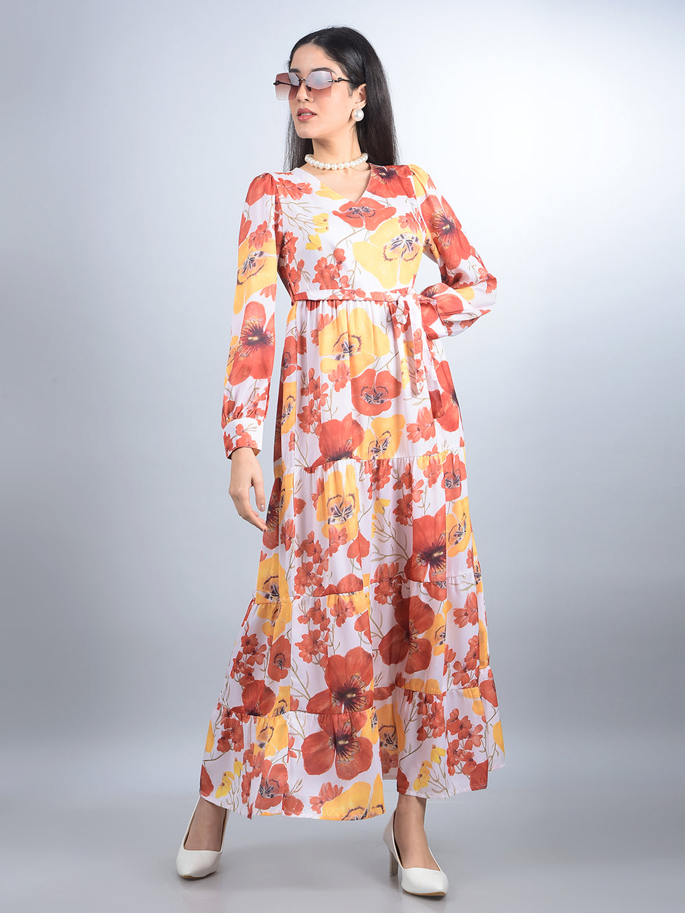 Orange Floral Print V-Neck A-Line Dress with Belt-Women Dresses-Crimsoune Club