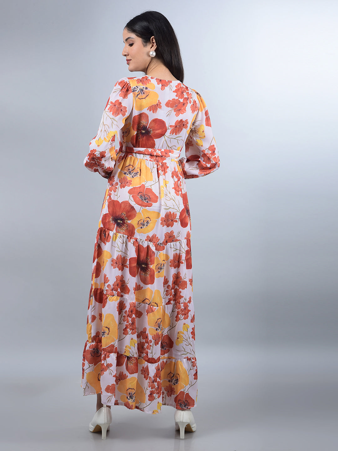 Orange Floral Print V-Neck A-Line Dress with Belt-Women Dresses-Crimsoune Club
