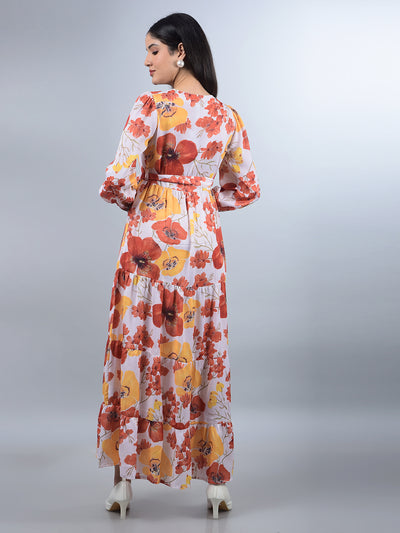 Orange Floral Print V-Neck A-Line Dress with Belt-Women Dresses-Crimsoune Club