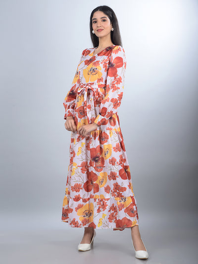 Orange Floral Print V-Neck A-Line Dress with Belt-Women Dresses-Crimsoune Club