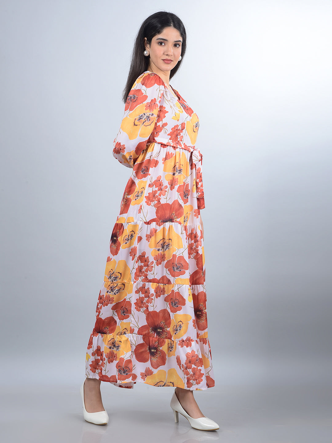Orange Floral Print V-Neck A-Line Dress with Belt-Women Dresses-Crimsoune Club