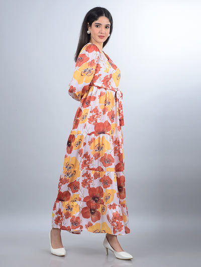 Orange Floral Print V-Neck A-Line Dress with Belt-Women Dresses-Crimsoune Club