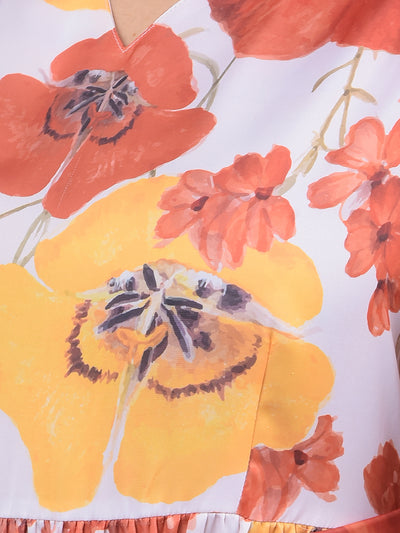 Orange Floral Print V-Neck A-Line Dress with Belt-Women Dresses-Crimsoune Club