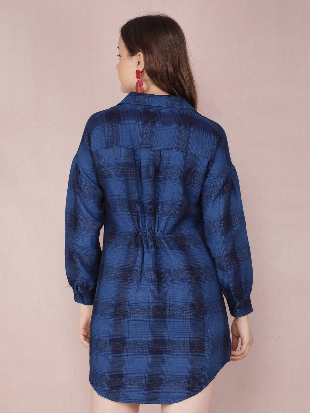 Navy Blue Checked 100% Cotton Mini Shirt Dress Crimsoune Club Navy Blue Checked 100% Cotton Mini Shirt Dress Crimsoune Club