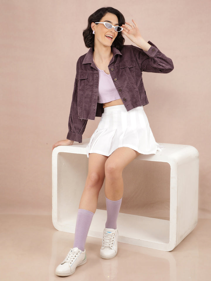 Purple Vertical Stripes Crop Length Knitted Shacket-Women Shackets-Crimsoune Club