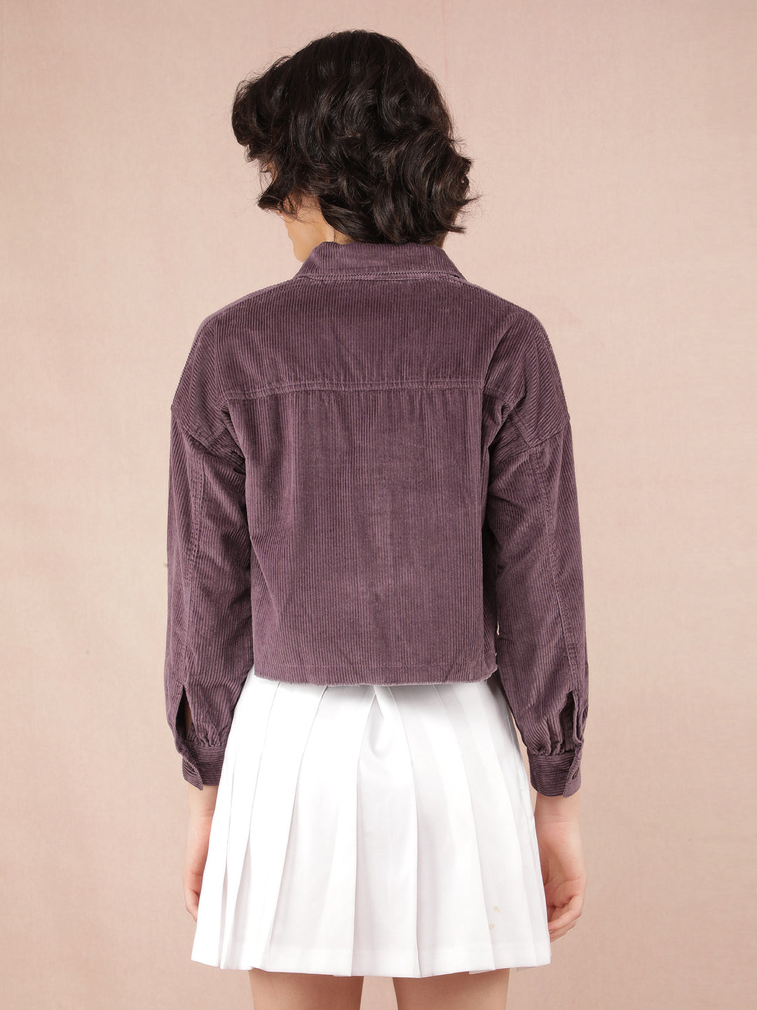Purple Vertical Stripes Crop Length Knitted Shacket-Women Shackets-Crimsoune Club