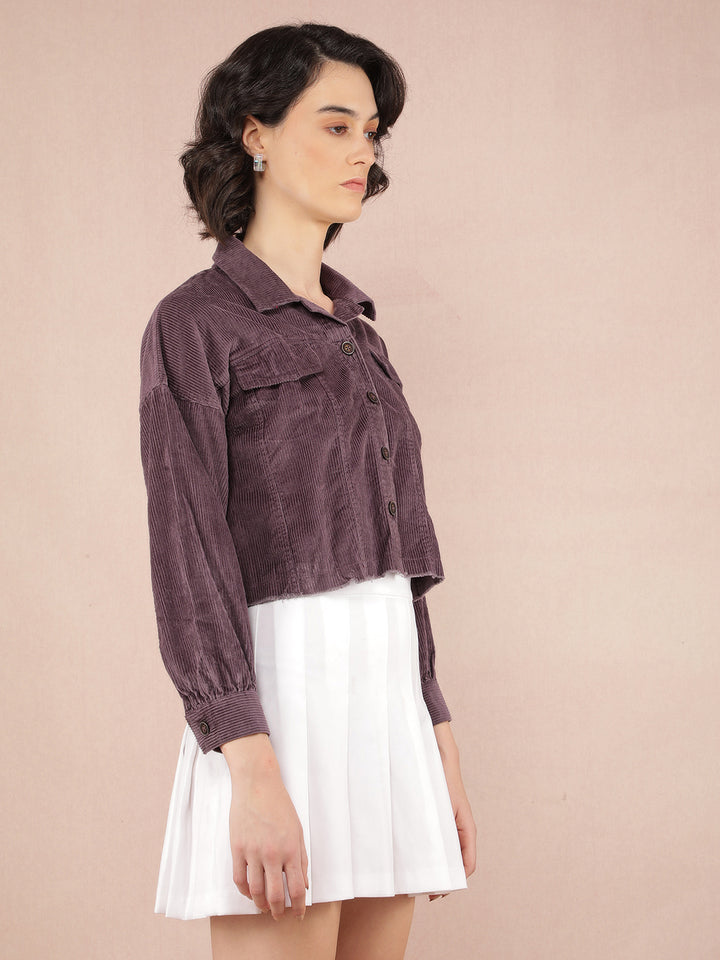 Purple Vertical Stripes Crop Length Knitted Shacket-Women Shackets-Crimsoune Club