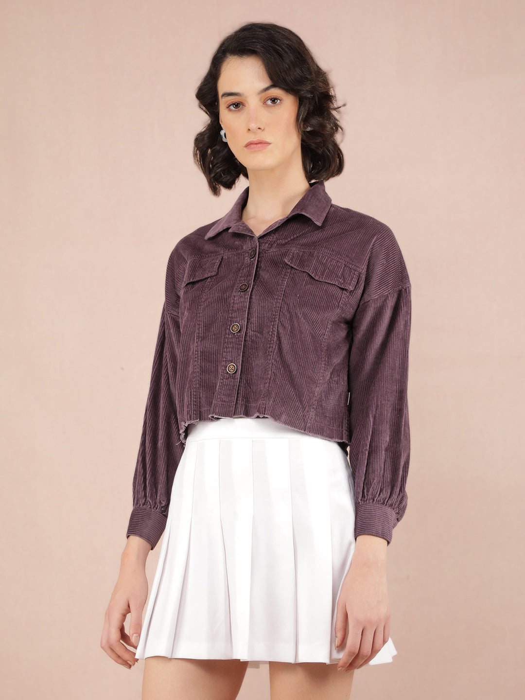 Purple Vertical Stripes Crop Length Knitted Shacket-Women Shackets-Crimsoune Club