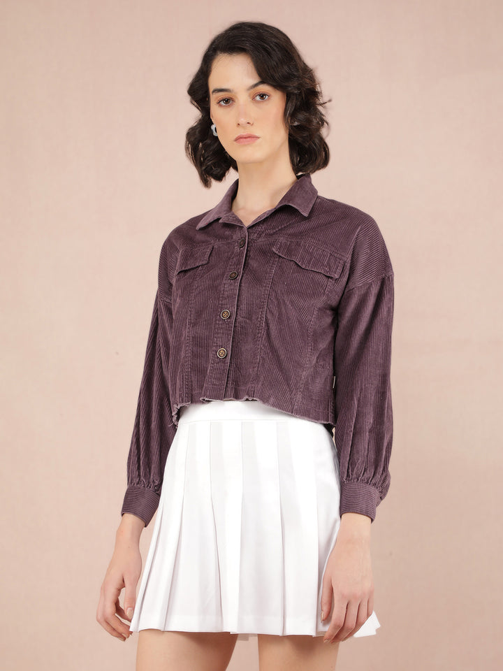 Purple Vertical Stripes Crop Length Knitted Shacket-Women Shackets-Crimsoune Club