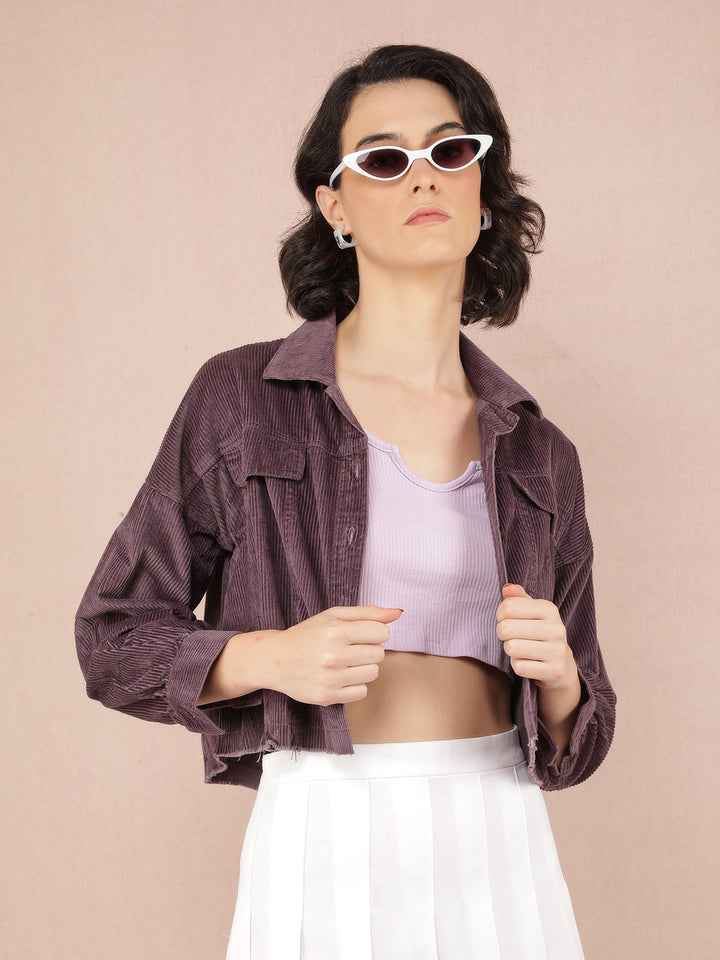 Purple Vertical Stripes Crop Length Knitted Shacket-Women Shackets-Crimsoune Club