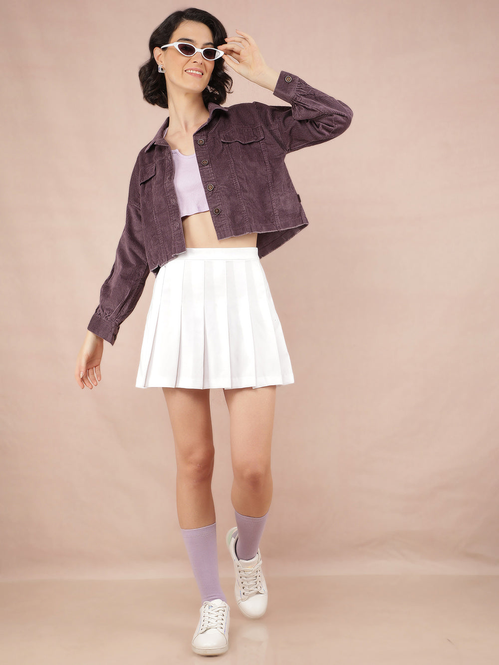 Purple Vertical Stripes Crop Length Knitted Shacket-Women Shackets-Crimsoune Club