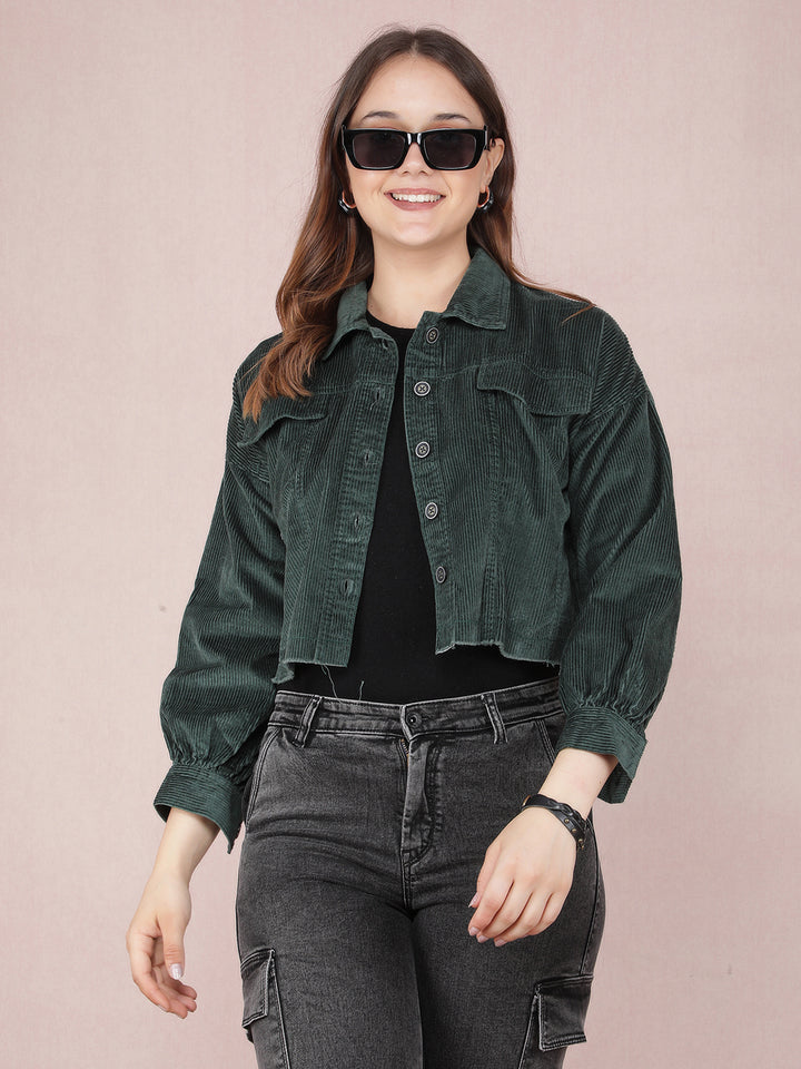 Green Vertical Stripes Crop Length Knitted Shacket-Women Shackets-Crimsoune Club