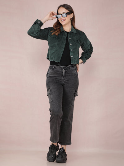 Green Vertical Stripes Crop Length Knitted Shacket-Women Shackets-Crimsoune Club