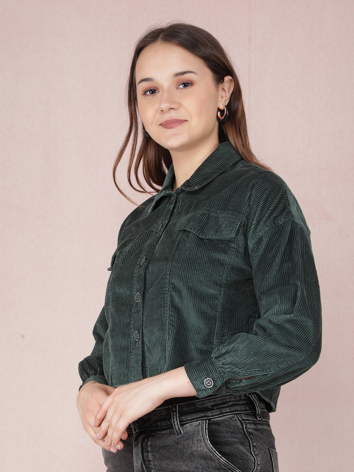 Green Vertical Stripes Crop Length Knitted Shacket-Women Shackets-Crimsoune Club