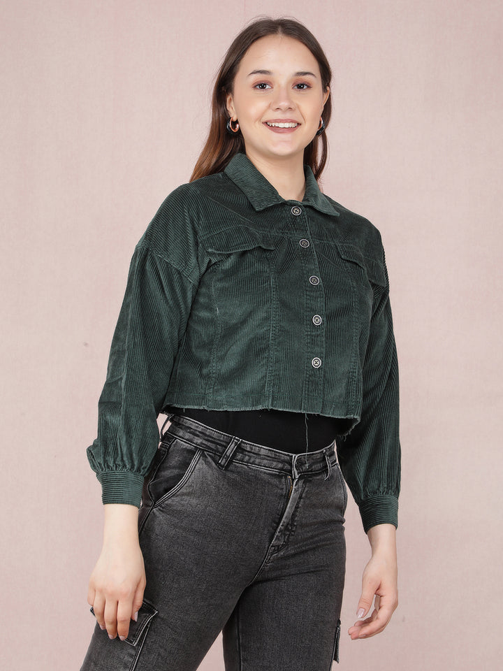 Green Vertical Stripes Crop Length Knitted Shacket-Women Shackets-Crimsoune Club