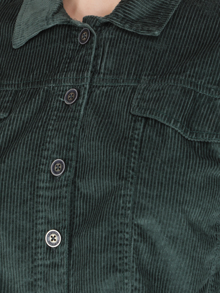 Green Vertical Stripes Crop Length Knitted Shacket-Women Shackets-Crimsoune Club